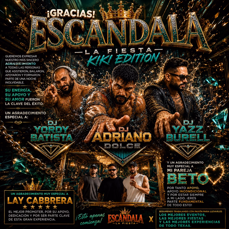 Past event thank-you flyer featuring DJ Yordy Batista, DJ Adriano Dolce and DJ Yazz Burrell